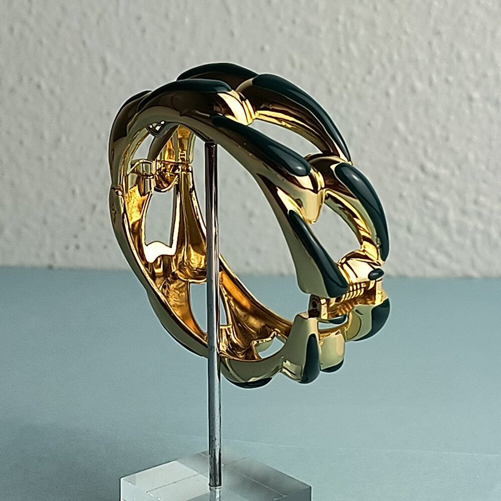 Statement Glam Chain Link Glaze Hinged Bangle Bracelet Oval Emeral Green Gold…